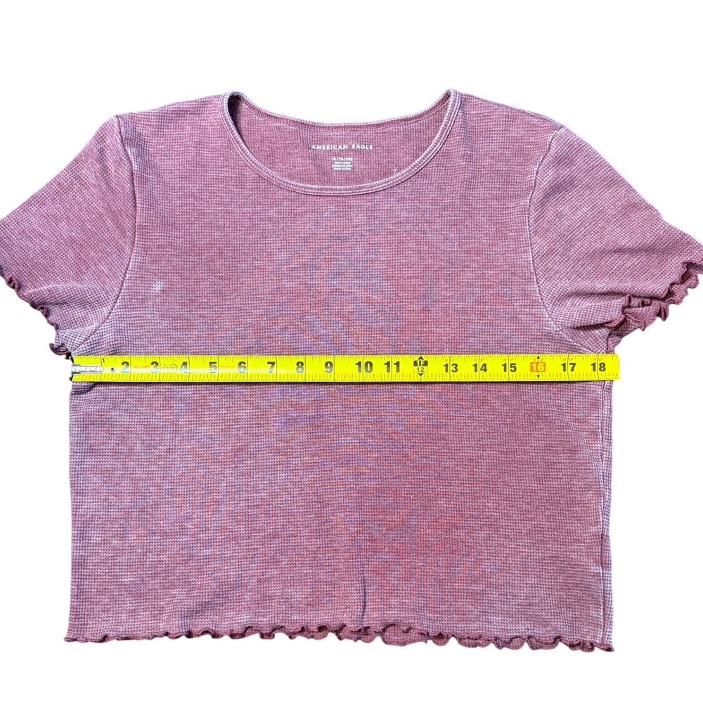 American Eagle Womens XL Maroon Waffle Knit Lettuce Edge Short Sleeve Crop Top - Picture 3 of 5